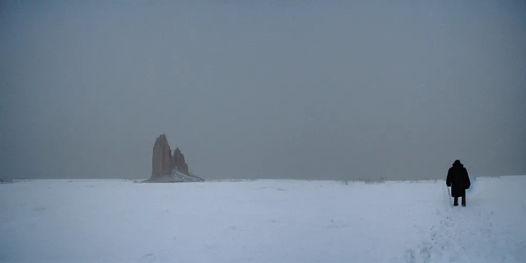 Prompt: photo of shiprock, new mexico during a snowstorm. a old man in a trench coat and a cane appears as a hazy silhouette in the distance, looking back over his shoulder. cold color temperature. blue hour morning light, snow storm. hazy atmosphere. humidity haze. kodak ektachrome, greenish expired film, award winning, low contrast.
