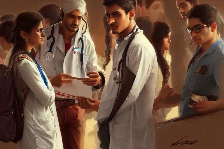 Prompt: Exasperated good looking pale young Indian doctors wearing American clothes chatting at the airport, portrait, elegant, intricate, digital painting, artstation, concept art, smooth, sharp focus, illustration, art by artgerm and greg rutkowski and alphonse mucha