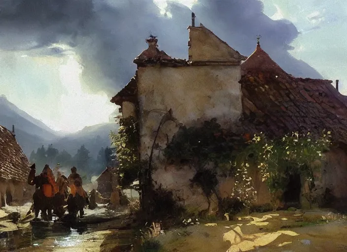 Image similar to oil painting of medieval village in dawn by anders zorn, wonderful art by greg rutkowski, incredible lighting, shadows, beautiful cinematic light, american romanticism by greg manchess, tall rocky mountains and storm clouds, sun rays, sunshine, bright sunny summer day