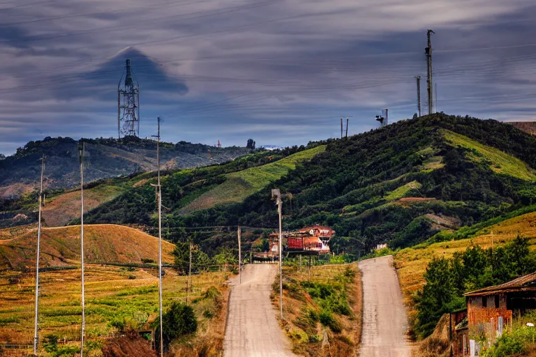 Image similar to looking down road of warehouses. hills background with radio tower on top. telephoto lens compression.