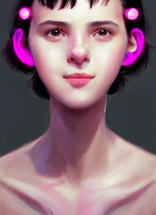 Image similar to portrait of teenage girl, realistic, black hair, bangs, half updo hairstyle, pointy nose, skinny, smile, ugly, defined jawline, big chin, pink hair bow, earrings, intricate, elegant, glowing lights, highly detailed, digital painting, artstation, sharp focus, illustration, art by wlop, mars ravelo and greg rutkowski