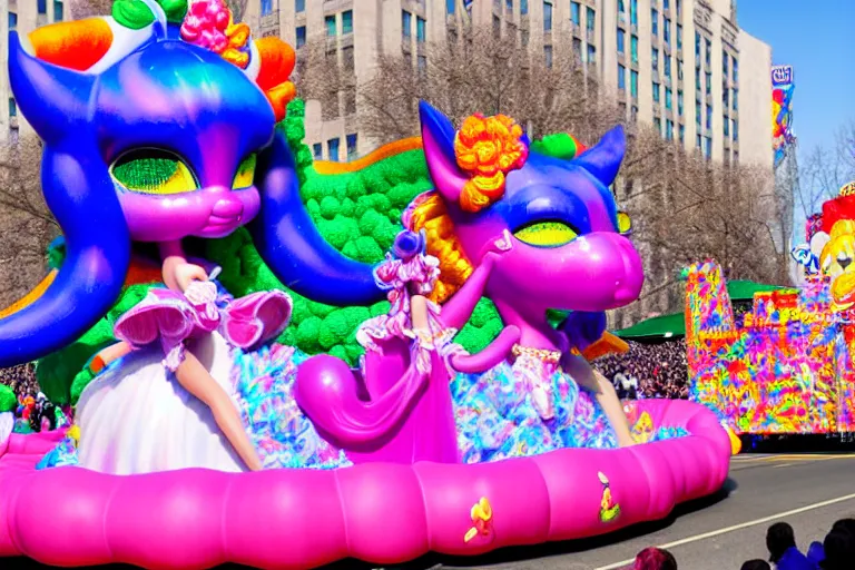 Image similar to photo of giant cute elaborate parade float character designed by ( ( ( ( ( ( ( ( lisa frank ) ) ) ) ) ) ) ) and monet!!!!!!!!!!!!!!, in the macys parade, detailed 4 k photo,