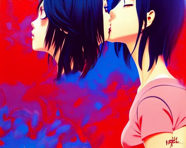 Image similar to two girls kissing | very very anime!!!, fine - face, audrey plaza, realistic shaded perfect face, fine details. anime. realistic shaded lighting poster by ilya kuvshinov katsuhiro otomo ghost - in - the - shell, magali villeneuve, artgerm, jeremy lipkin and michael garmash and rob rey