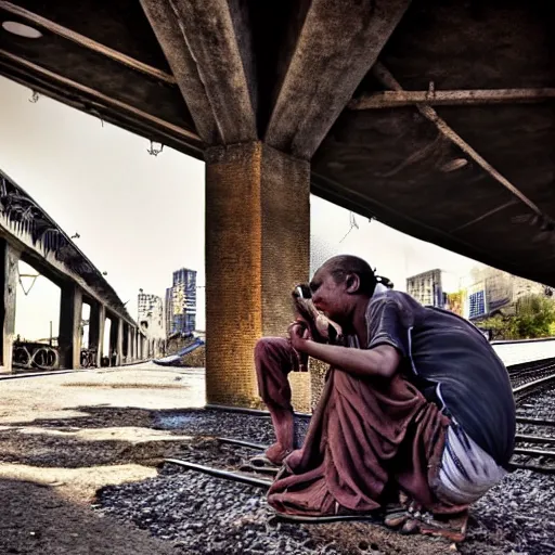 Image similar to poor people life under railway bridge, award winning, realistic, 4 k, hyper details, portrait by steve mccury and annie leibovitz and chindy sherman, best on adobe stock, cinematic, detailed place and people