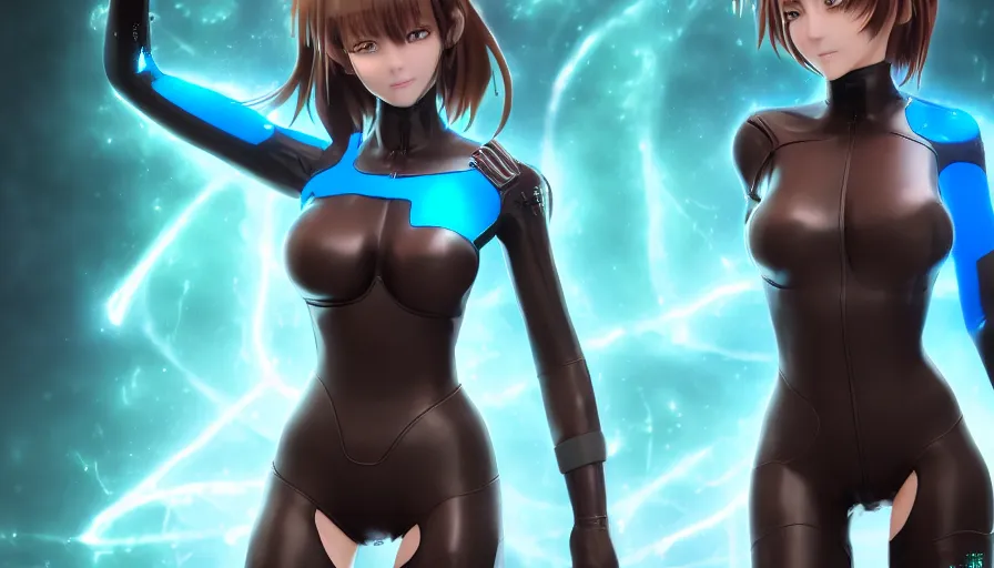 Image similar to render beautiful 3 d anime woman with short brown hair, heterochromia, blue eye and green eye, sci fi glowing bodysuit with mechanical boots, heavy makeup, short smile, cinematic lightning, highly detailed, trending on artstation, unreal engine 4 k, cinematic wallpaper