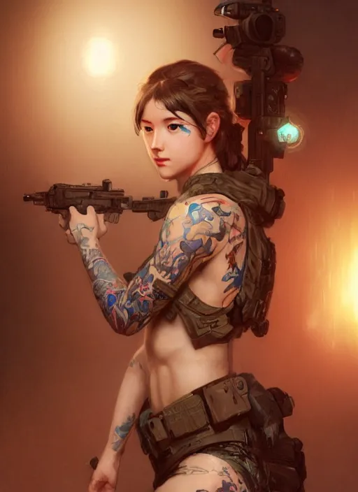 Image similar to girl covered with tattoos wearing tactical gear, intricate lights, bio luminescent, plasma, by ruan jia and artgerm and range murata and wlop and ross tran and william - adolphe bouguereau and beeple. key art. fantasy illustration. award winning, artstation, intricate details, realistic, hyperdetailed, 8 k resolution.