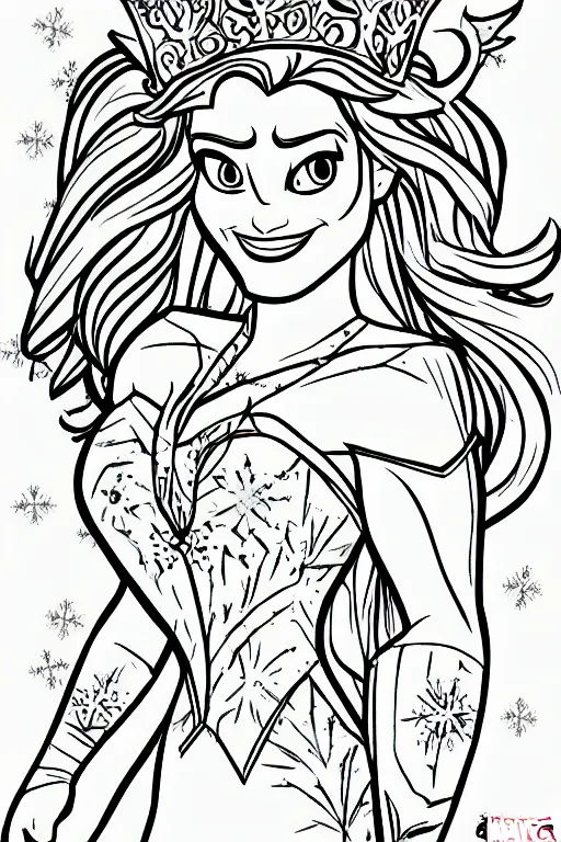 Prompt: figure princess hulk, crown, tiara, in the coloring book style, black and white, cartoon, disney style, frozen style, marvel style