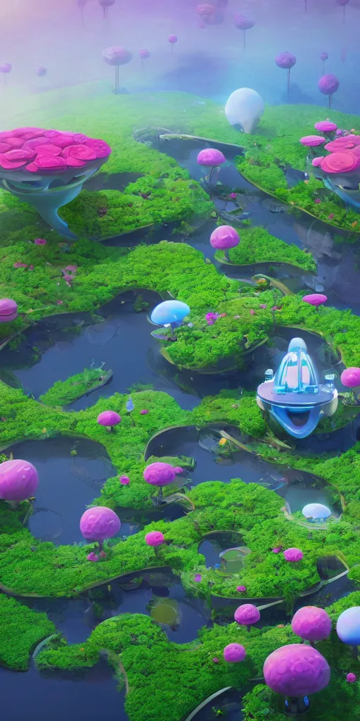 Image similar to humongous technologic flower - shaped house on a alien planet, by pixar, smooth, cinematic, wet reflections, ray tracing x, rtx, smooth