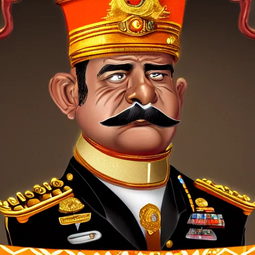 Prompt: a caricature of an angry south-american muscular army general wearing golden forehead jewelery, thick mustache, bald, orange skin, pear-shaped skull with the thicker part at the bottom, high-quality digital art