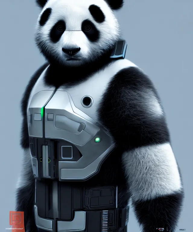 Image similar to futuristic cyberpunk android panda, duo tone, reflective skin, 8k octane very detailed render, stunning realistic render inspired by Ian Spriggs, perfect facial symmetry, dim lighting, hyper detailed, hyper realistic, trending on Artstation