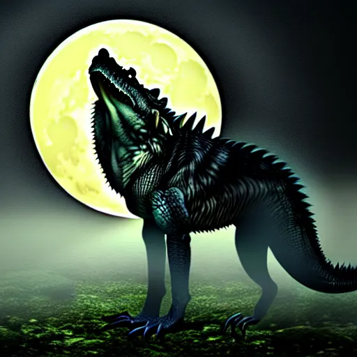 Image similar to Crocodile chimera prowling a fog covered swamp, snout and ears of a wolf, yellowish full moon