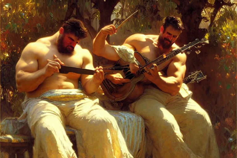 Image similar to 2 beefy attractive men playing music, painting by gaston bussiere, craig mullins, greg rutkowski, alphonse mucha