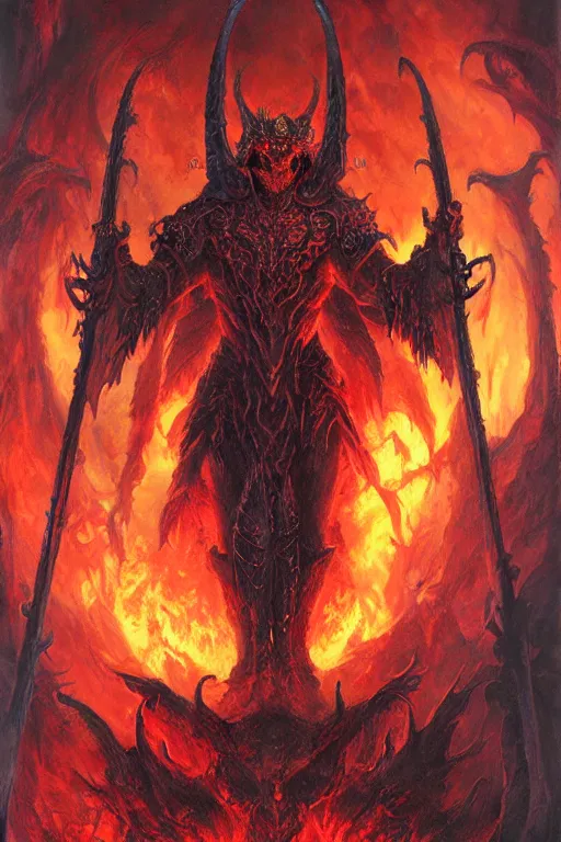 Prompt: The King of Hell standing in front of the neverending halls of hell, artwork by Ralph Horsley