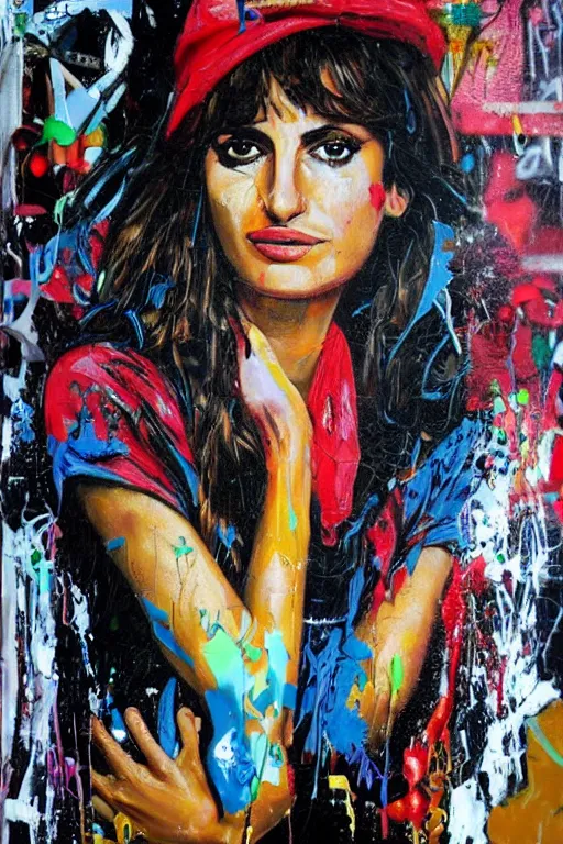 Image similar to oil painting, portrait of penelope cruz, wall with graffiti, splash painting, by bansky