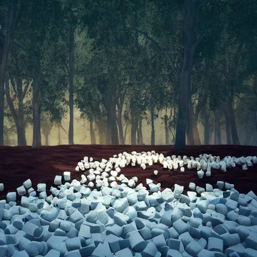 Prompt: River of chocolate in a field of marshmallows, octane render, volumetric lighting, 4K