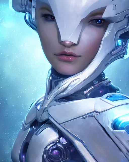 Image similar to perfect android girl on a mothership, warframe armor, beautiful face, scifi, futuristic, galaxy, nebula, raytracing, dreamy, long white hair, blue cyborg eyes, sharp focus, cinematic lighting, highly detailed, artstation, divine, by gauthier leblanc, kazuya takahashi, huifeng huang