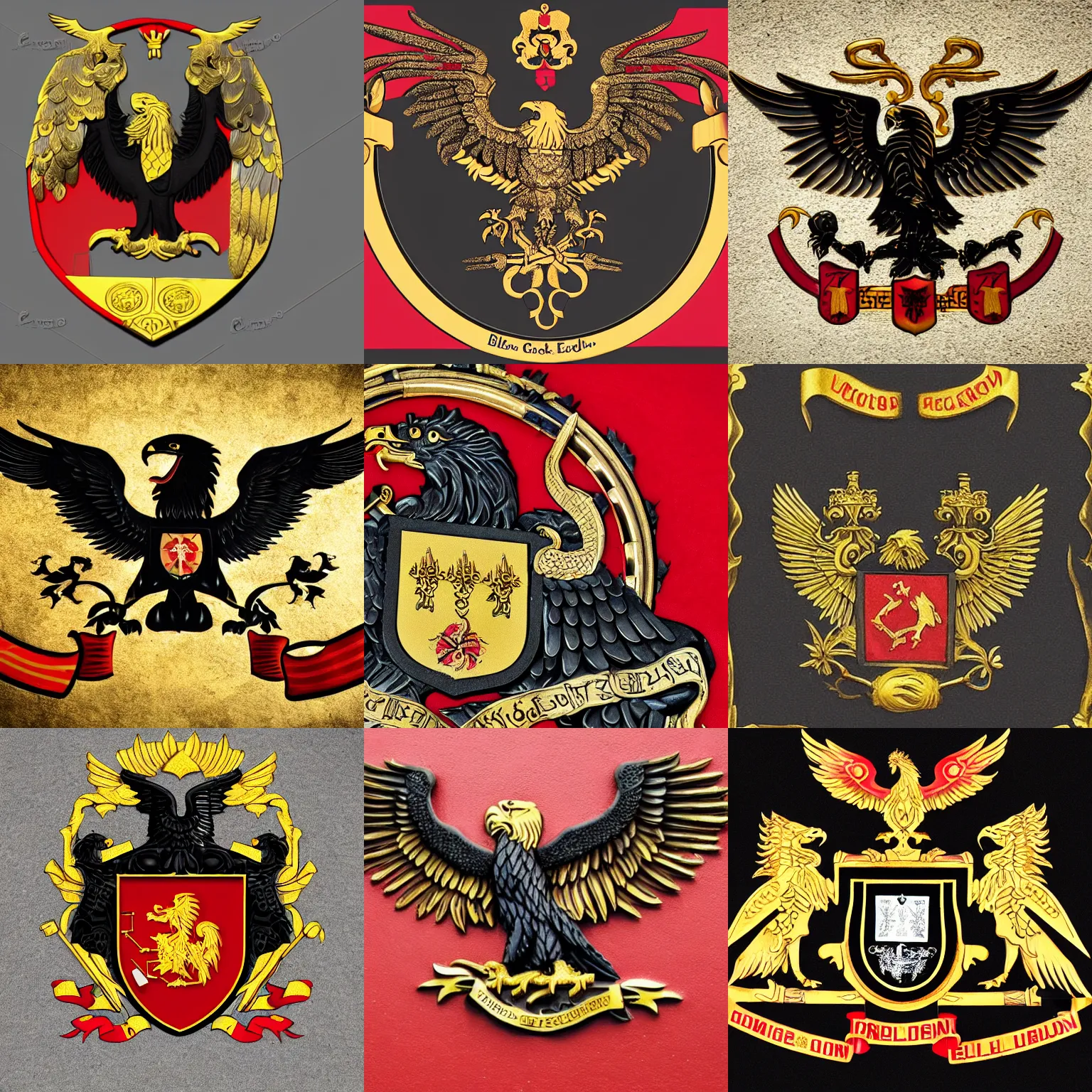 Prompt: black eagle and red lion with golden elements, old city coat of arms