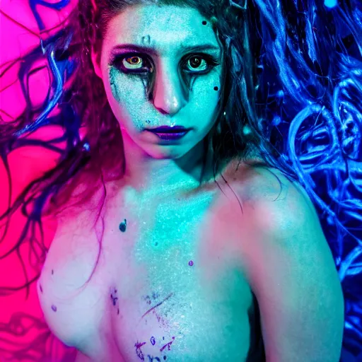 Image similar to Kevin Mitnick as a mermaid, grungy, unkept hair, glowing eyes, modelsociety, radiant skin, huge anime eyes, RTX on, perfect face, directed gaze, intricate, Sony a7R IV, symmetric balance, polarizing filter, Photolab, Lightroom, 4K, Dolby Vision, Photography Award