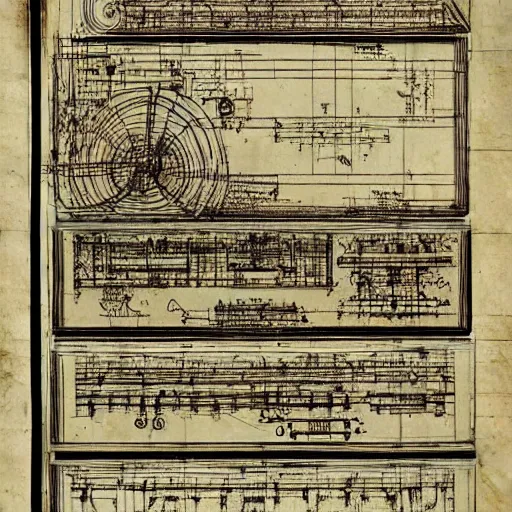 Image similar to leonardo da vinci intricate full page scan blueprint of a looper music equipment