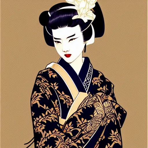 Image similar to silhouette of a geisha, vector art style, medium shot, intricate, elegant, highly detailed, digital art, ffffound, art by jc leyendecker and sachin teng