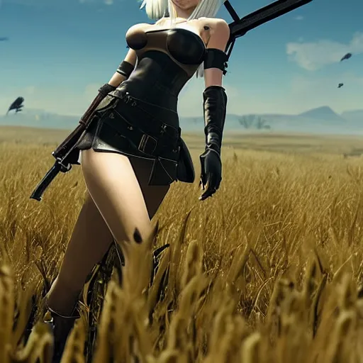 Image similar to a high resolution very detailed image of a 2 with a sword in russian tank boss fight from nier : automata in yellow rye field under pure blue skies