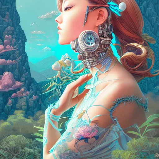 Image similar to ethereal cybernetic princess in the mountains, extremely detailed, sharp focus, wide view, full body shot, smooth, digital illustration, by james jean, by rossdraws, frank franzzeta, sakimichan