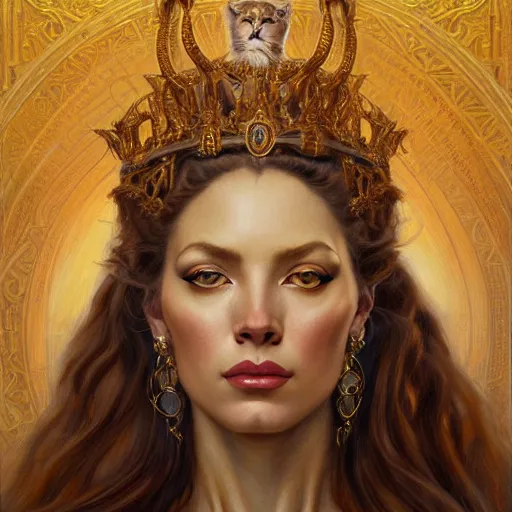 Image similar to highly detailed portrait of a majestic lioness queen in the form of a beautiful woman. d & d. art by donato giancola, eugene delacroix, anna dittmann, alberto vargas. trending on artstation, intricate details, energetic composition, golden ratio, concept art, illustration, elegant art, global illuminaition