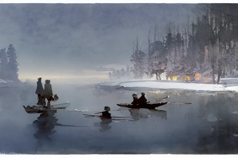 Image similar to watercolor painting of crystal clear ice lake, reflective, winter, fog and snowfall, ambient lighting, art by anders zorn and winslow homer, wonderful masterpiece by greg rutkowski, cinematic light, american romanticism by greg manchess, creation by tyler edlin