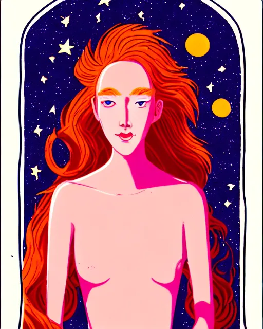 Image similar to tarot card of space astral girl, red hair, ginger hair, fantasy, glowing skin, smooth face, perfect eyes