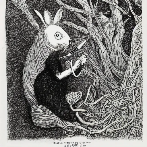 Image similar to a pen and ink drawing of a white rabbit smoking a cigarette while reclining in a deep dark tangled forest, a lingering smoke cloud, childrens book illustration, by edward gorey, by gustav dore