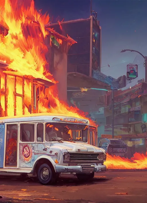 Image similar to highly detailed image of an ice cream truck on fire, in gta v, stephen bliss, unreal engine, fantasy art by greg rutkowski, loish, rhads, ferdinand knab, makoto shinkai and lois van baarle, ilya kuvshinov, rossdraws, tom bagshaw, global illumination, radiant light, detailed and intricate environment