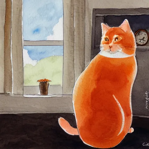 Image similar to A fat, cute orange cat in a beautiful room, cozy, watercolor on paper by CARY KWOK, details, lights, beautiful, 4K, 8K