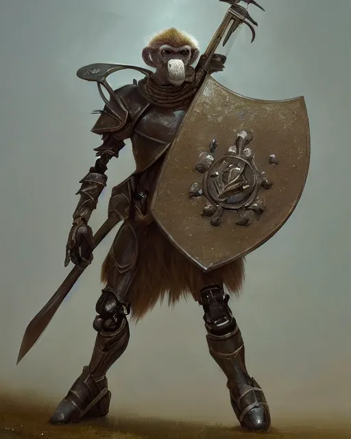 Prompt: oil painting of robot monkey, holding sword and shield, wearing armor, full body, sharp focus, fantasy style, octane render, volumetric lighting, 8k high definition, by greg rutkowski, highly detailed, trending on art Station, magic the gathering artwork, woodland backround