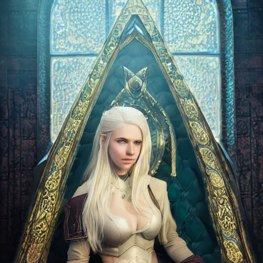 Image similar to the elder scrolls vi, charismatic regal blonde high elf female jarl, portrait, exquisitely designed throne room, atmospheric lighting, painted, intricate, volumetric lighting, beautiful, daytime, sunny weather, slight overcast, sharp focus, deep colours, ultra detailed, by leesha hannigan, ross tran, thierry doizon, kai carpenter, ignacio fernandez rios