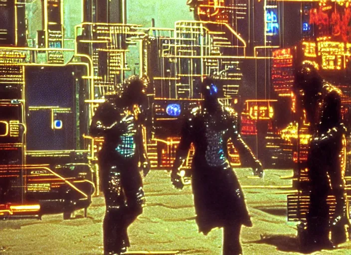 Prompt: scene from a 1970s cyberpunk science fiction film