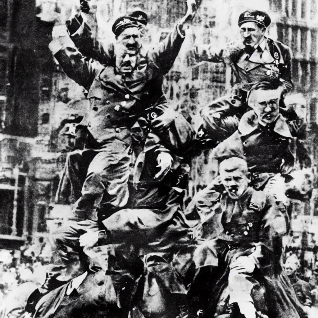 Image similar to adolf hitler riding joseph stalin piggyback on the Times Square