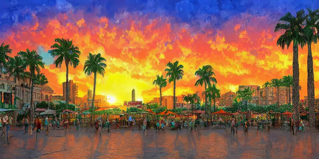 Image similar to sunset over tel aviv main square. colorful. highly detailed. palm trees. artstation trending. concept art. digital painting