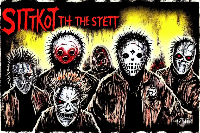 Prompt: slipknot in the style of dorohedoro, artstation, album cover