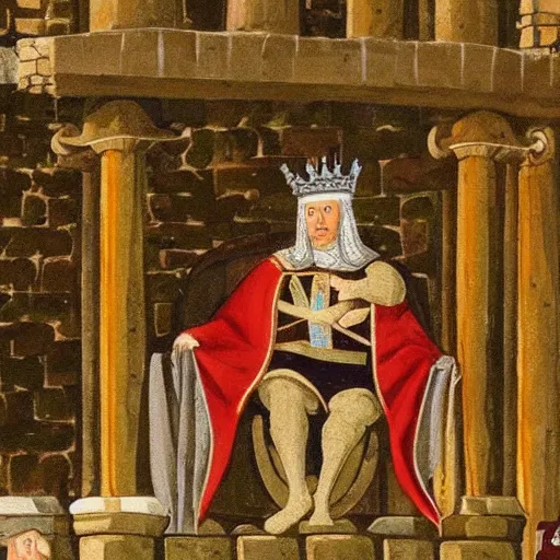 Image similar to medieval king inside castle takes a poop on his throne with people watching