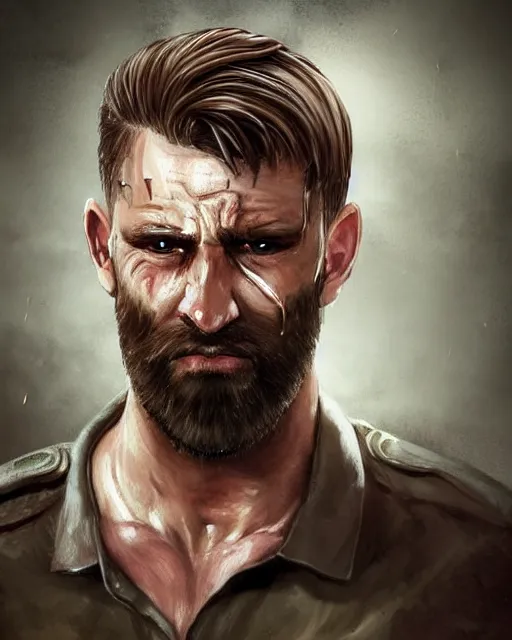 Prompt: portrait of muscular, tired and alcoholic 3 0 - year - old handsome man with short darkblonde hair, serious sad look in his eyes, looking down, dirty beard, blue eyes, crying tears, wearing dirty soldier uniform, on the desert, sad atmosphere, hyper realistic face, character art, art by mark brooks, cryengine, trending on artstation, digital art