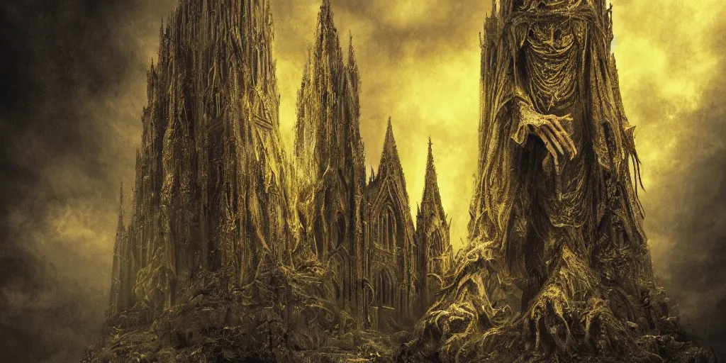 Image similar to a tall towering huge pale human wearing a yellow garment sitting upon an ornate stone throne, 4K, digital art, lovecraftian, lovecraft art, artstation, horror, dramatic, wearing a long yellow rotting garment, dark, hyperrealistic, dramatic perspective, complex (((dark))) cathedral background, dark background, highlights,