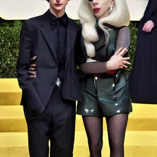 Image similar to timothee chalamet and lady gaga meet eachother, highly beautiful faces, highly detailed