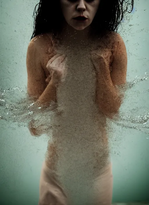 Prompt: conceptual photography portrait of a woman dissolving into water, panic, washing away, fading to nothing, inevitability, agony, surreal portrait, moody, helpless, hopeless, 4 k