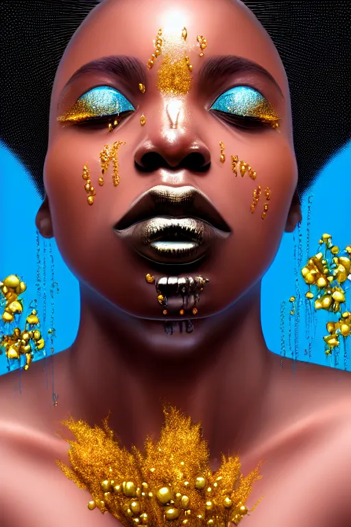 Prompt: hyperrealistic precisionist cinematic profile very expressive! black oshun goddess, in water! up to shoulders, mirror dripping droplet!, gold flowers, highly detailed face, digital art masterpiece, smooth eric zener cam de leon, dramatic pearlescent turquoise light on one side, high angle uhd 8 k, shallow depth of field