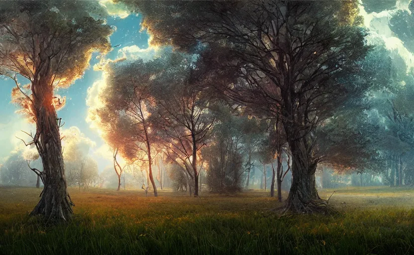 Image similar to lightning strikes a tree in the middle of a field, fantastic landscape, hyperrealism, no blur, 4k resolution, ultra detailed, style of Anton Fadeev, Ivan Shishkin, John Berkey