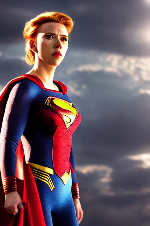 Prompt: 4 k film still, scarlett johansson as superman, 2 6 mm