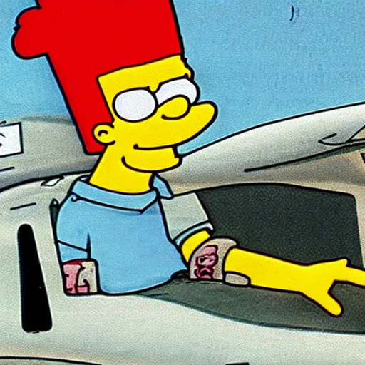 Prompt: Bart Simpson in the cockpit of an advanced fighter jet