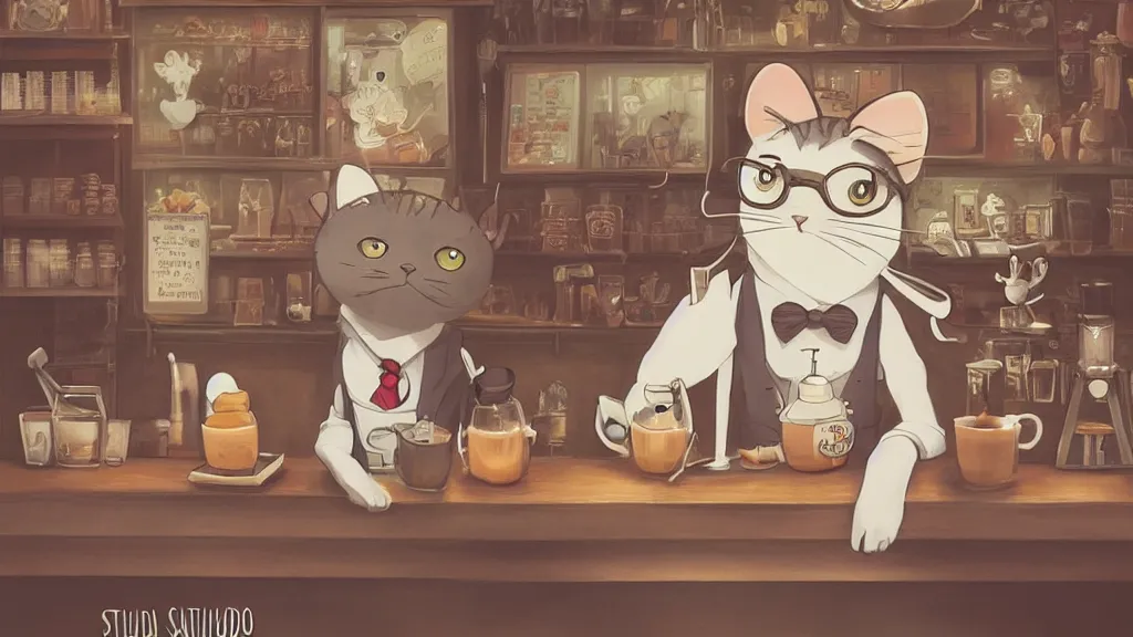 Image similar to a highly detailed portait of a cute little anthropomorphic cat barista wearing a suit in a parisian coffee shop by studio ghibli, tiny, small, cute and adorable, pretty, beautiful, character art portrait, matte painting, Artstation