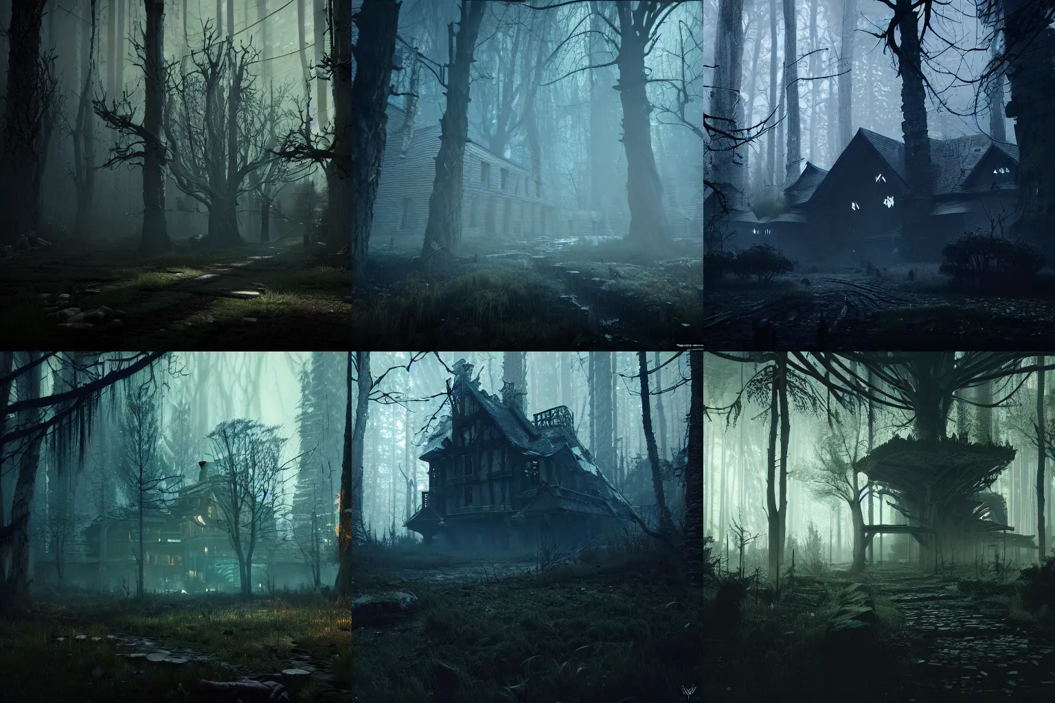 Prompt: a building in a creepy dark forest, witcher, haunted, eerie, Wadim Kashin, featured in artstation, octane render, cinematic, elegant, intricate, 8k