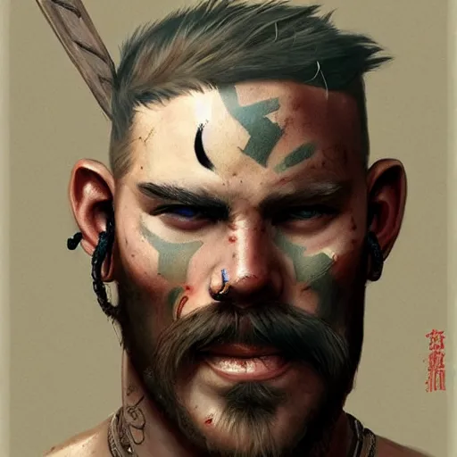 Image similar to portrait barbarian with face tattoo and trucker mustache, 8 k, trending on art station, by tooth wu and greg rutkowski